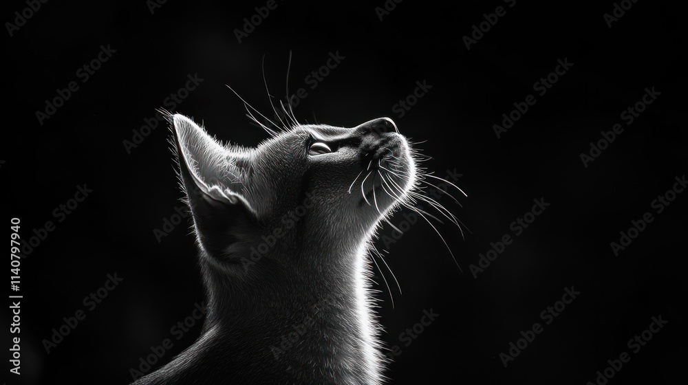 Poster a black and white silhouette of a cat gazing upwards, emphasizing its features and expression.