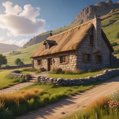 Traditional stone cottage in a rolling wheat valley , stone, earthy