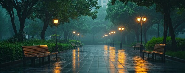 Rainy night in a park with illuminated pathways, benches, and lush trees.