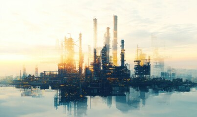 Naklejka premium Industrial Oil Refinery at Sunrise with Reflections in Water