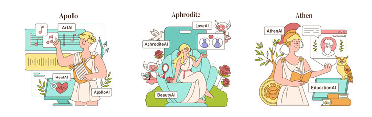 Olympic Gods Synergy AI. Flat Vector Illustration