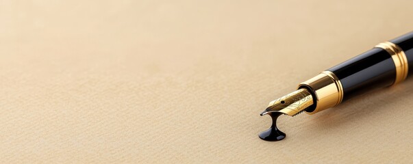 Fototapeta premium A close-up of a fountain pen with a drop of ink poised over a blank page, highlighting elegance and the art of writing.