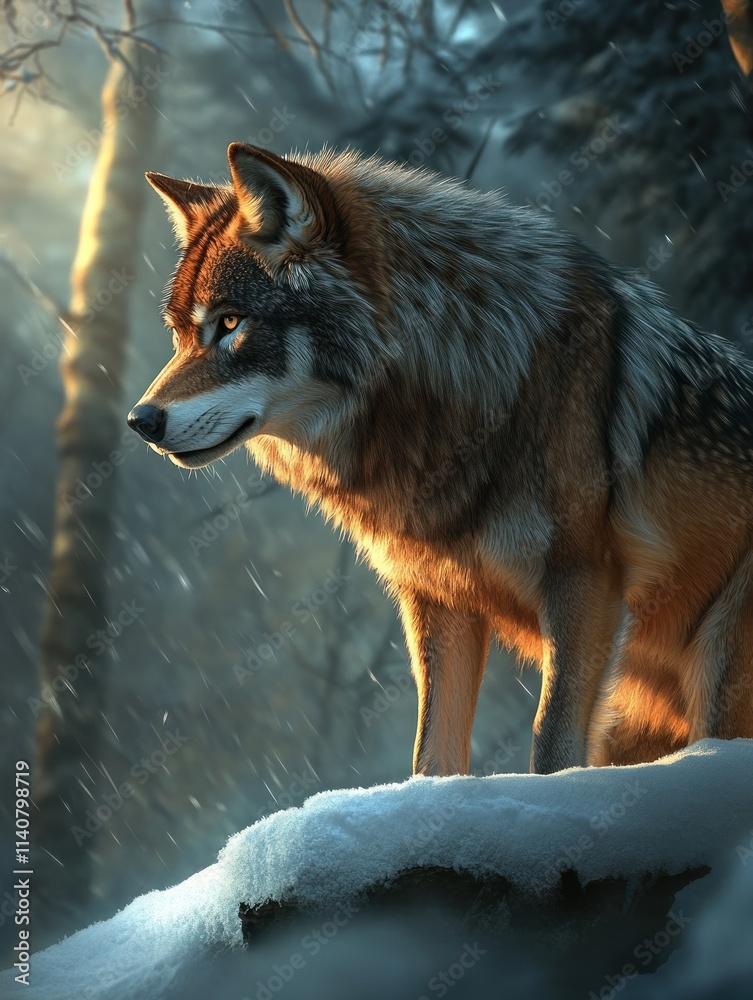 Poster A majestic wolf stands on a snowy ledge, illuminated by soft light in a forest setting.