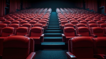 Obraz premium Empty cinema auditorium with red seats and stage lighting