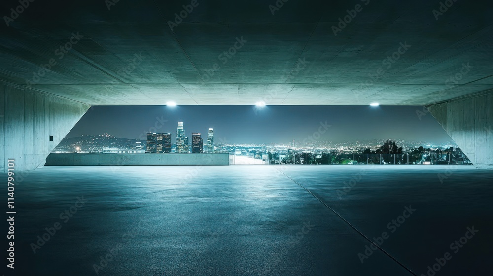 Poster a nighttime urban view from a parking structure, showcasing city lights and architecture.