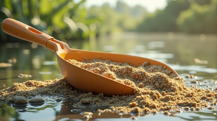 Scoop pouring groundbait into fishing lake for carp feeding