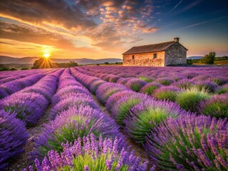 Vintage Lavender Field Sunset, Purple Flowers, Rustic Landscape, Summer Bloom, Provence, Rural Scenery,  Botanical Photography