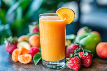 Fototapeta premium Refreshing glass of orange juice with fresh fruits in vibrant setting