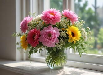 Vibrant colors of peonies, sunflowers and baby's breath arranged in a vase on a windowsill, flowers arrangement, spring flowers, garden