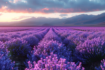 Obraz premium blue lavender flowers blossoming on vast field in peaceful summer farmland 
