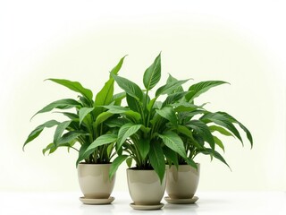 Fototapeta premium Three peace lilies growing in beige ceramic pots on white background