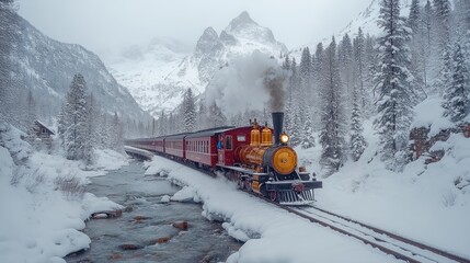 Naklejka premium A vintage steam train travels through a snowy landscape, surrounded by mountains and trees.