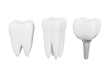 Set of Three tooth white on a transparent background Health care oral smile beautiful. 3D render illustration