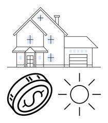Modern two-story house with garage, dollar coin, and sun symbol. Ideal for real estate, investments, financial growth, home buying, property value solar energy sustainability. Line metaphor