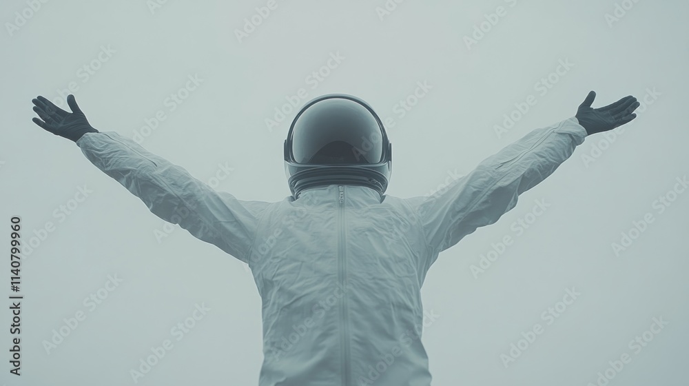Aufkleber an astronaut stands with arms outstretched in a foggy environment, symbolizing exploration.