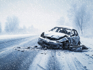 Damaged car wreck in the middle of a snowy road during heavy winter snowfall, icy surface, and dangerous conditions with faint emergency lights in a cold, moody forest scene