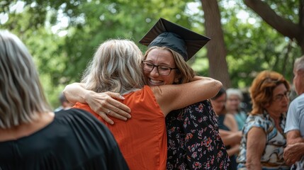 A candid moment of a college graduate receiving a congratulatory hug from parents after the graduation ceremony