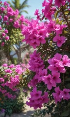 Obraz premium Vibrant purple flowers of Bougainvillea canariensis blooming in a tropical garden , flowers, plant
