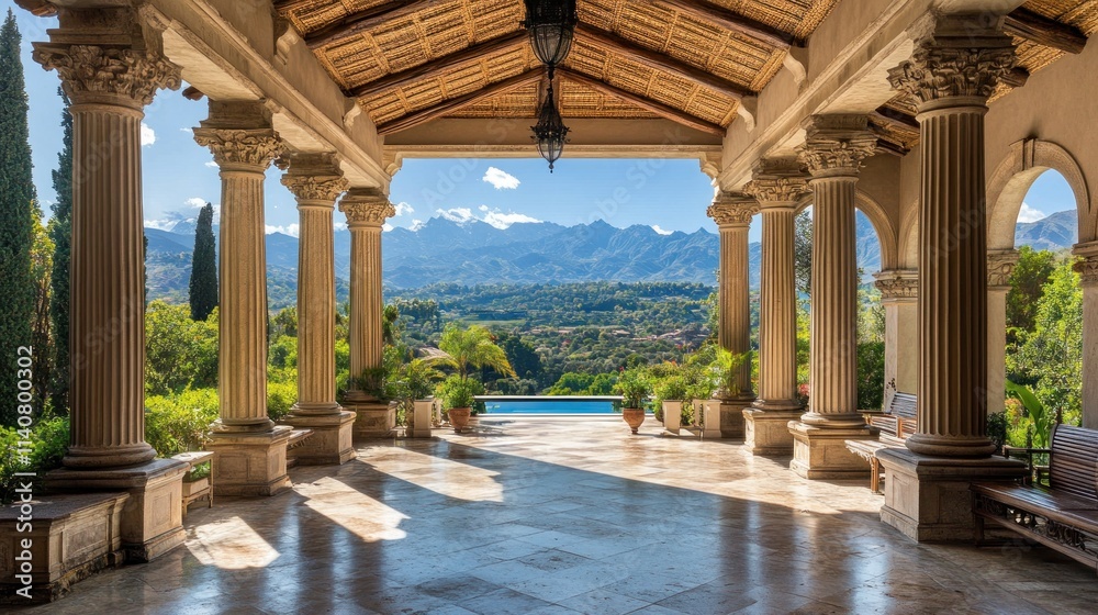 Aufkleber A scenic view from a grand architectural structure overlooking mountains and a pool.