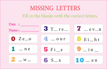 Educational game for kids. Missing letters  worksheet. Numbers for kids. Writing practice activity for kindergarten.