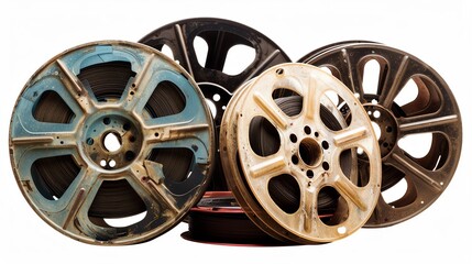 A high-resolution image of vintage film reels with a white background.--ar 16:9