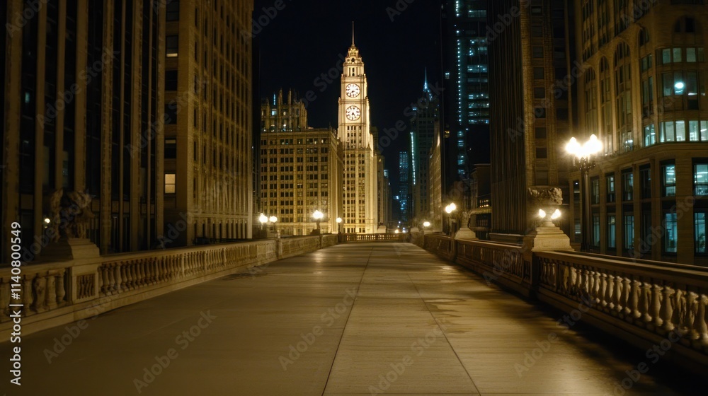 Aufkleber a nighttime view of a city bridge with illuminated buildings and a clock tower in the background.
