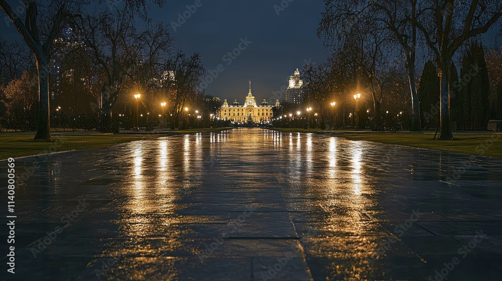 Poster a nighttime view of a grand building reflecting on a wet pathway, illuminated by streetlights.