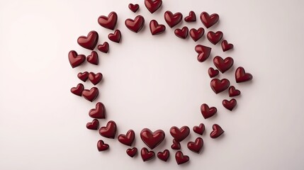 Obraz premium Charming display of glossy red hearts elegantly shaped like an O, set against a soft pink background, perfect for Valentine's Day