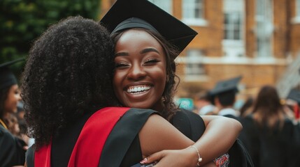 A candid moment of two graduates hugging each other tightly, celebrating their shared achievement