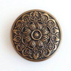 A vintage metal button with intricate patterns and a shiny finish on a white background 