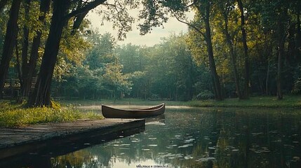 A serene lakeside scene with a canoe resting by the shore under lush trees.