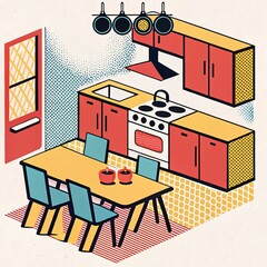 Vibrant pop art-style illustration of a colorful kitchen interior, featuring retro design elements, geometric shapes, and bold colors.  
