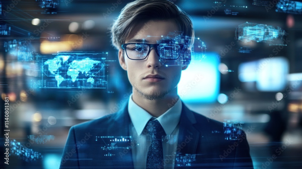 Poster a young man in a suit with digital overlays, suggesting technology and data analysis.