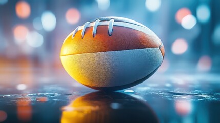American football on a reflective surface with bokeh.