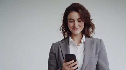 Fototapeta premium Femme de 30 ans en costume regarde en souriant son smartphone, fond blanc, personnage pour publicité, site web, démo d'application ou de logiciel, tech et IT B2B