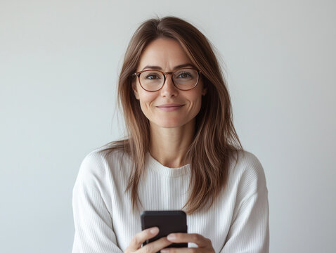 Femme de 30 ans avec un pull blanc regarde en souriant son smartphone, fond blanc, personnage pour publicit&eacute;, site web, d&eacute;mo d'application ou de logiciel, tech et IT B2B