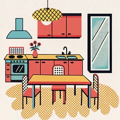 Retro Pop Art Kitchen Interior Illustration  
Vibrant pop art-style illustration of a colorful kitchen interior, featuring retro design elements, geometric shapes, and bold colors.  
