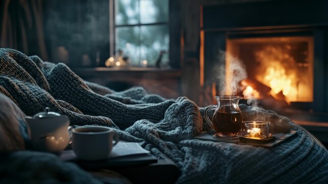 Cozy scene: warm drinks, fire, blanket, book.