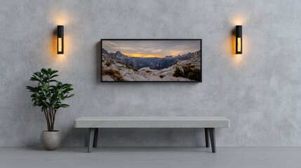 A vibrant wall painting adorns the entryway of a luxury hotel lobby, complemented by warm lights, a concrete bench, and green foliage