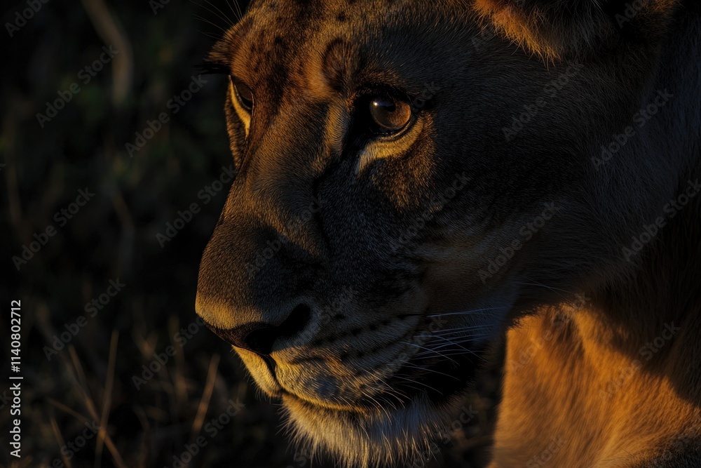 Poster Close-up of a lioness in soft light, showcasing its features and serene expression.