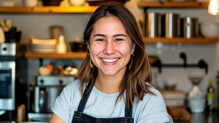 A young female barista stands smiling amid a cozy café backdrop with shelves neatly arranged. Concept of warm hospitality and the nurturing atmosphere of handcrafted beverages