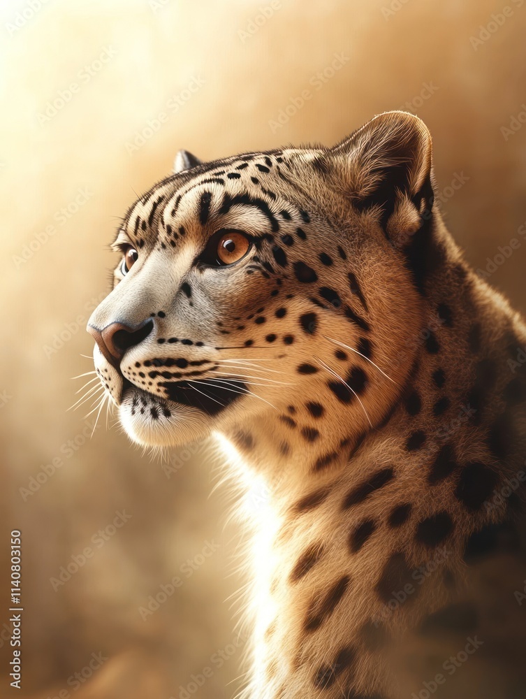 Poster a close-up of a leopard's face, showcasing its striking features and distinctive spots.