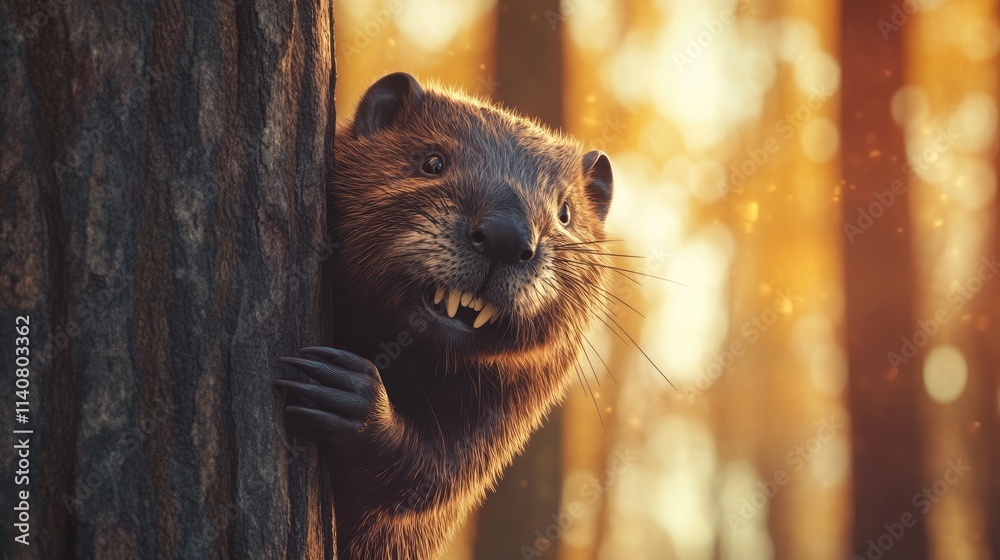 Poster a beaver peeks from behind a tree in a sunlit forest.