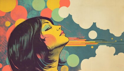 A woman with long dark hair with closed eyes, looking upwards, and a textured background of circles and clouds.