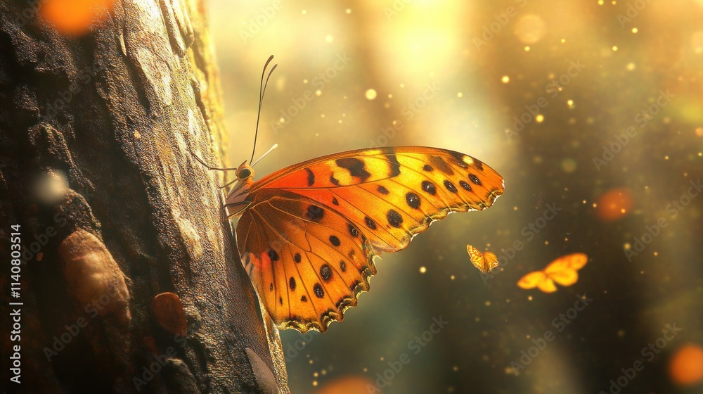 Poster a vibrant butterfly perched on a tree, surrounded by soft light and ethereal atmosphere.