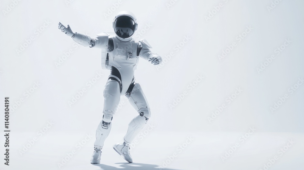 Aufkleber a futuristic robot astronaut dances in a minimalistic, bright environment.