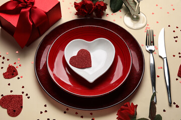 Beautiful table setting with gift box, hearts and red roses on yellow background. Valentine's Day celebration