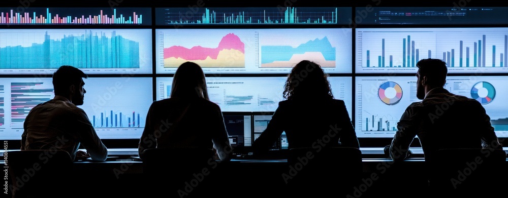 Poster A group analyzes data on large screens in a modern office setting.