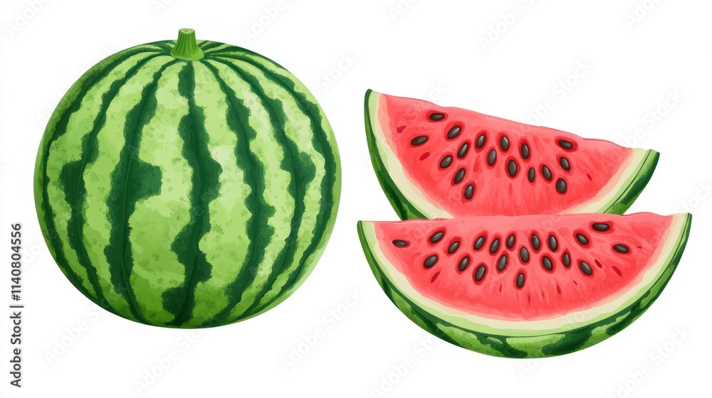 Poster a whole watermelon and two slices showcasing its vibrant colors and texture.