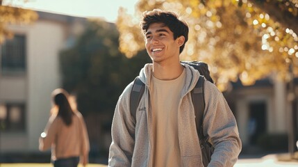 A confident male college student walking across campus with a backpack, smiling and engaging with friends